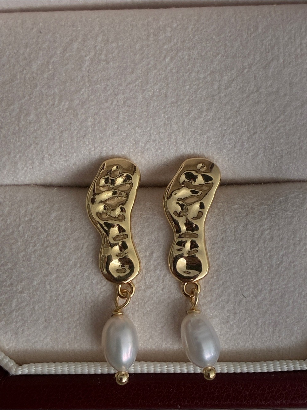 Gold Textured Drop Earrings with White Pearl Dangles